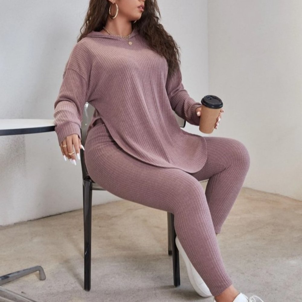 Plus Size Curved Hem Hooded Waffle Knit Hoodie And Leggings